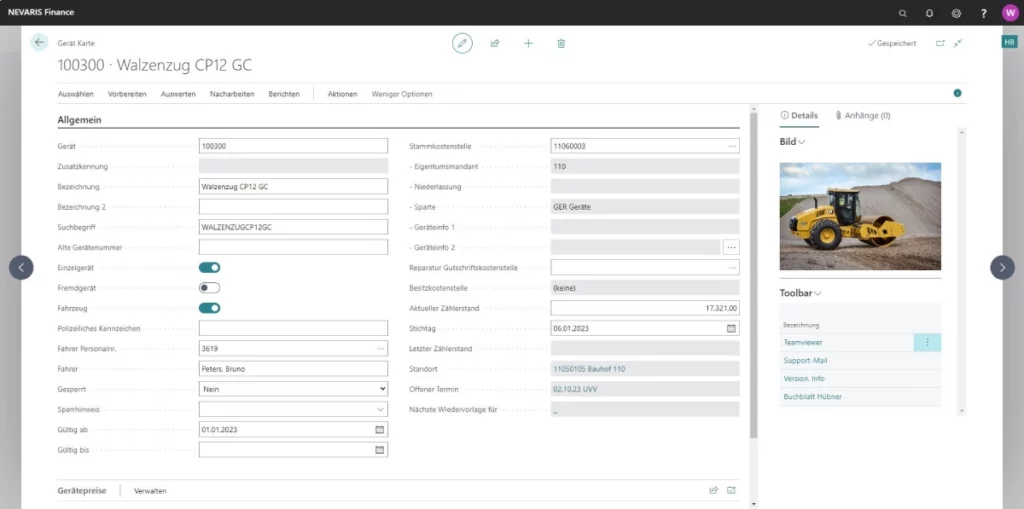 NEVARIS Finance Screenshot Geräteverwaltung Gerätekarte