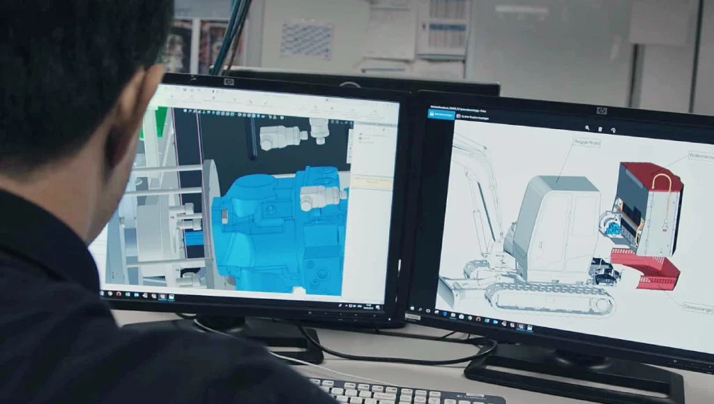CAD-Arbeit an der Konstruktion eines Elektro-Baggers